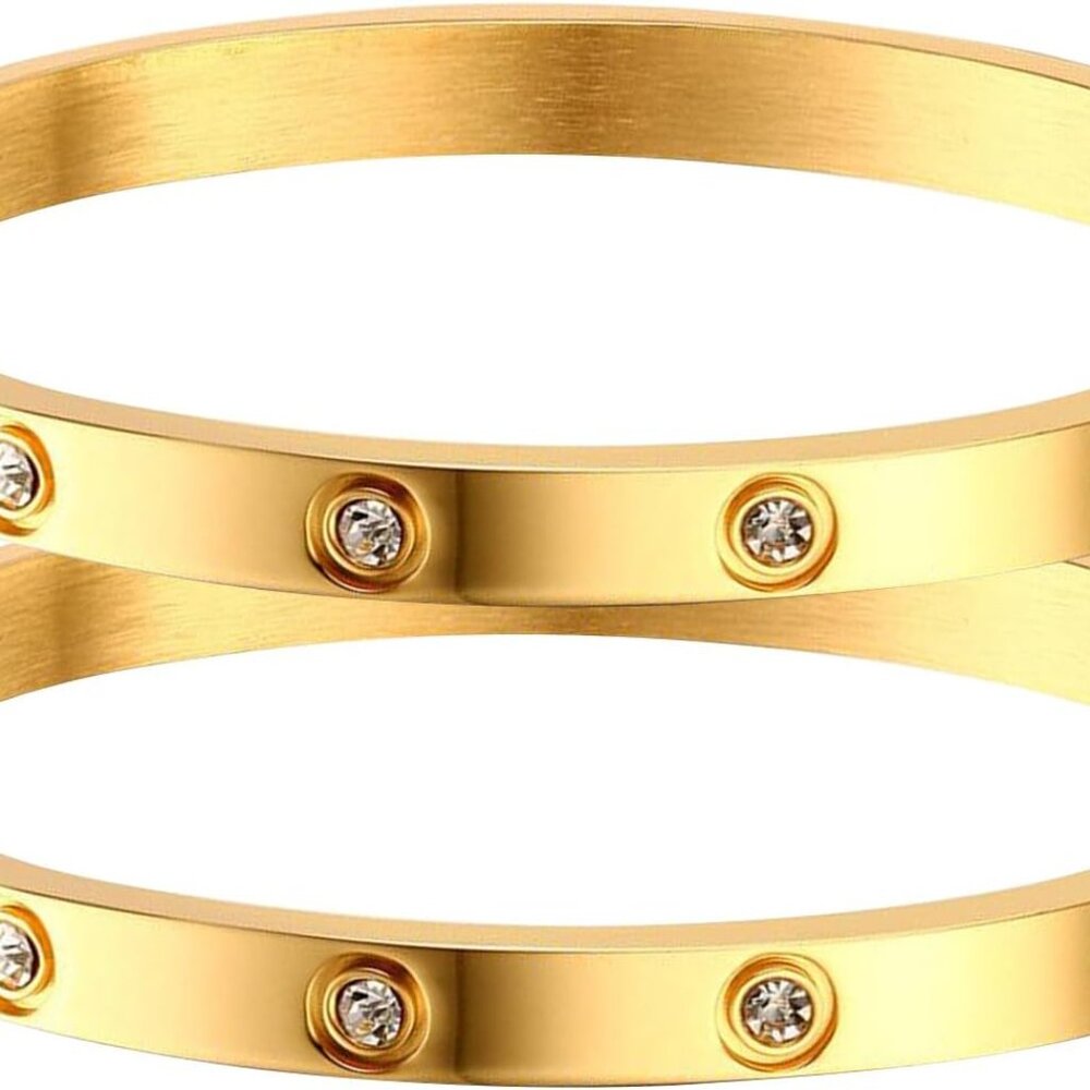 Gold Bracelets for Women, 2Pcs 18K Gold Plated Cubic Zirconia Bangle Crystal Fri